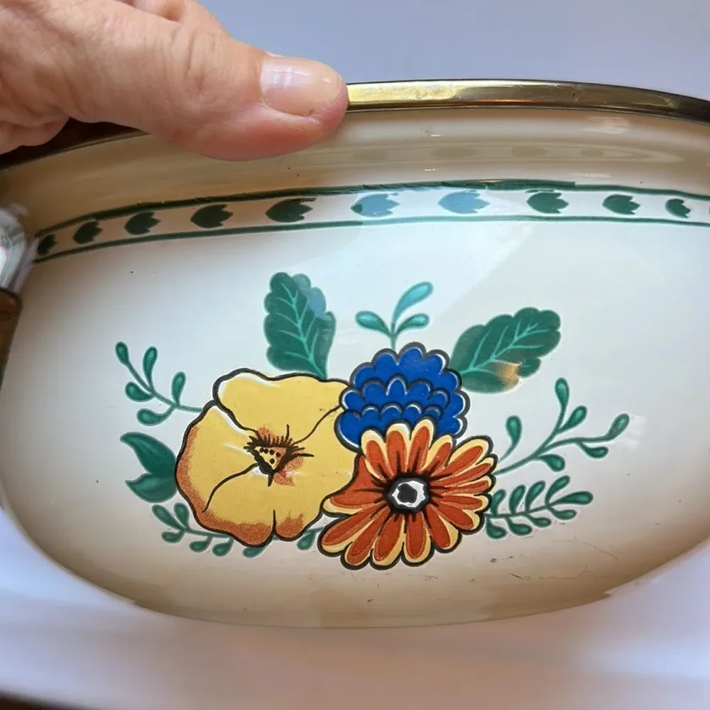 Vintage enamelware floral painted cooking pot with‎ brass handles